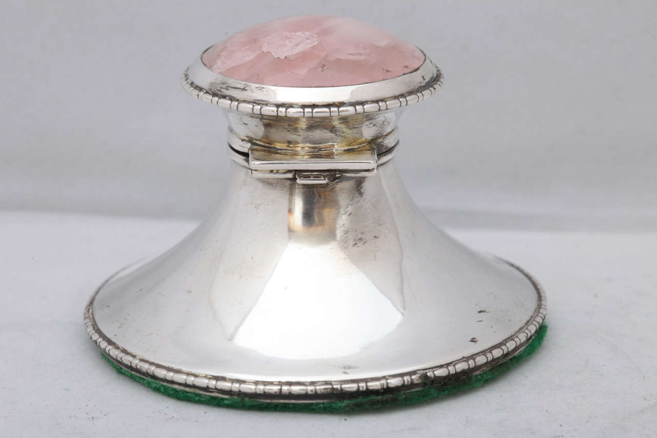 20th Century Edwardian Sterling Silver and Rose Quartz Inkwell with HInged Lid