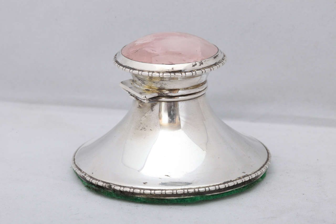 Edwardian Sterling Silver and Rose Quartz Inkwell with HInged Lid 1
