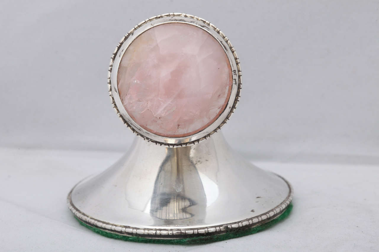 Edwardian Sterling Silver and Rose Quartz Inkwell with HInged Lid 2