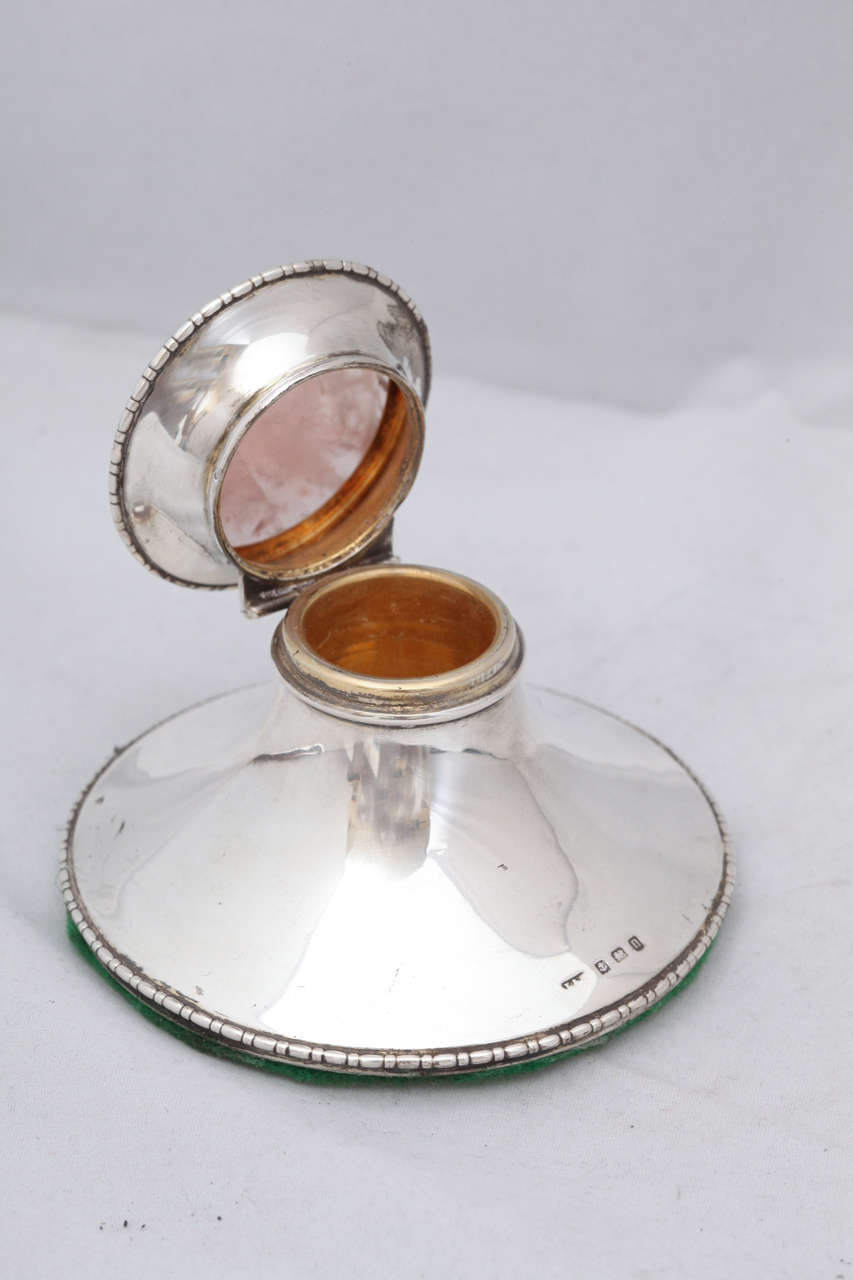 Edwardian Sterling Silver and Rose Quartz Inkwell with HInged Lid 3