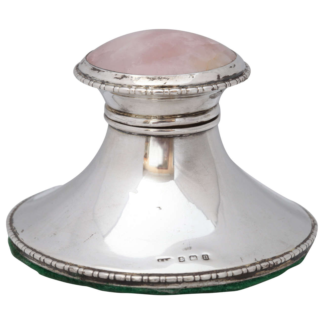 Edwardian Sterling Silver and Rose Quartz Inkwell with HInged Lid