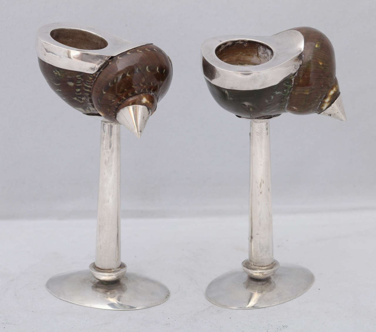 Unusual Edwardian Sterling Silver-Mounted Snail Shell Candlesticks