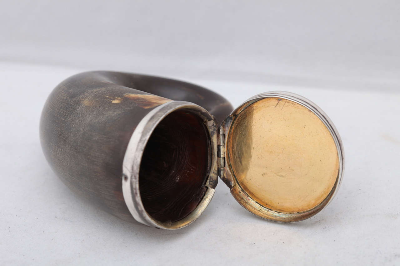 18th Century and Earlier Sterling Silver, Mounted Horn and Agate Scottish Snuff Mull with Hinged Lid