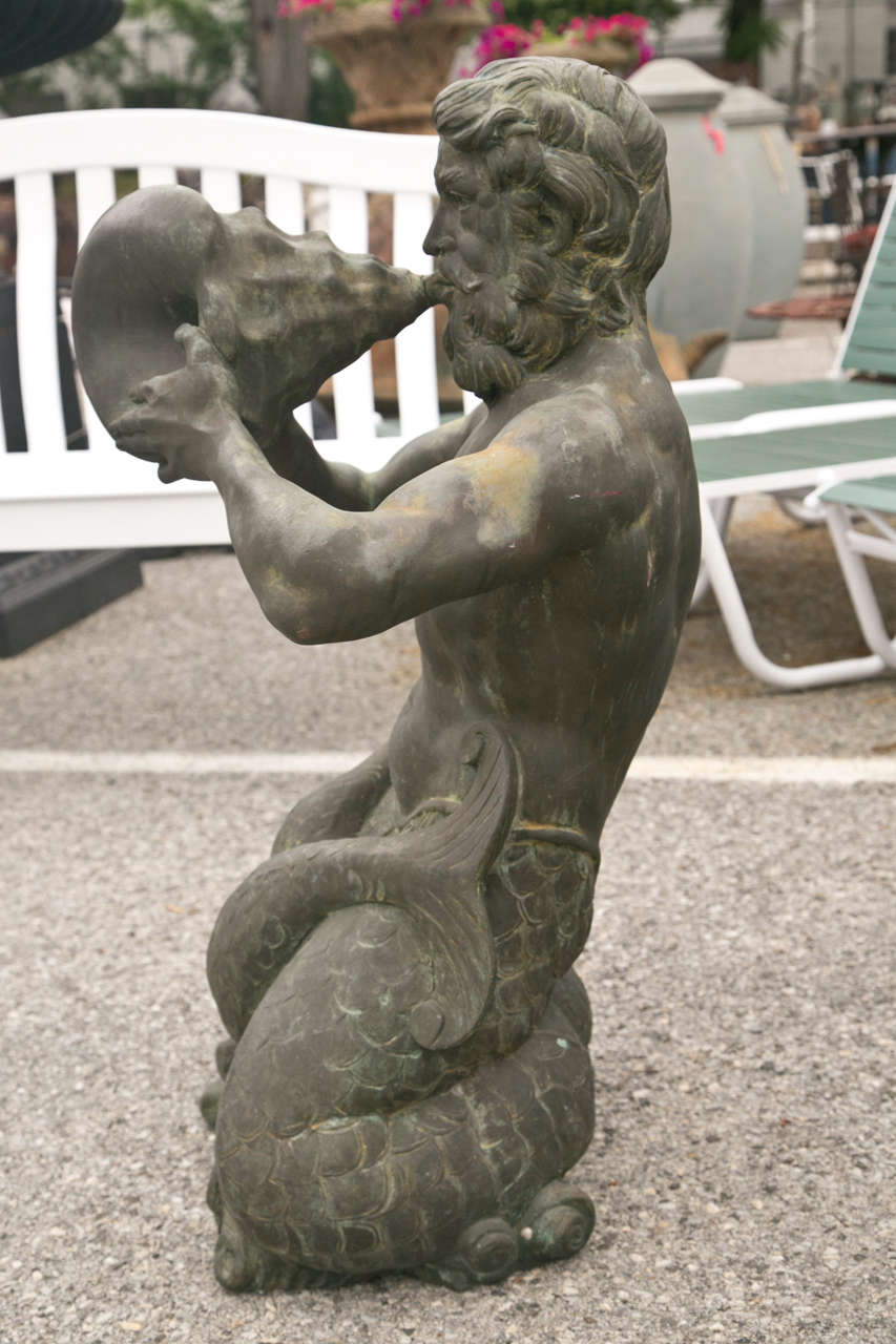 Mid-20th Century Three Antique Bronze Fountain Kneeling Mermen Art Sculptures