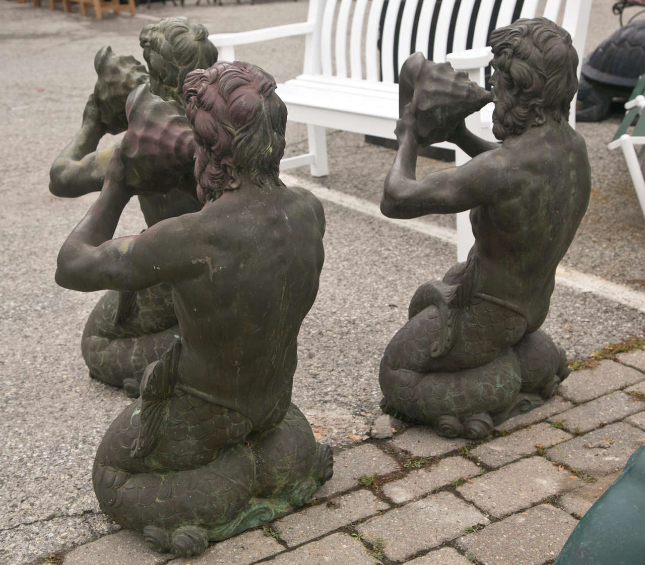 Three Antique Bronze Fountain Kneeling Mermen Art Sculptures 1