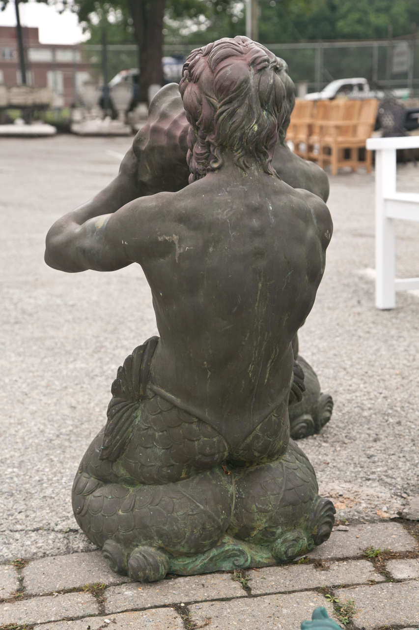 Three Antique Bronze Fountain Kneeling Mermen Art Sculptures 2