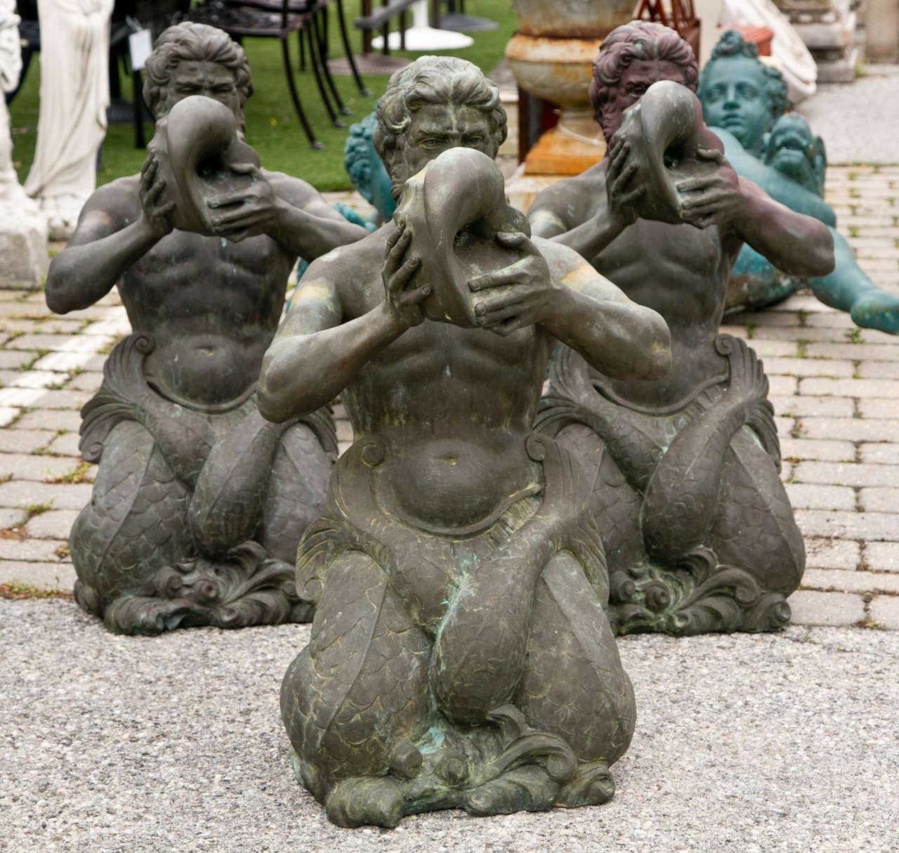 Three Antique Bronze Fountain Kneeling Mermen Art Sculptures 3