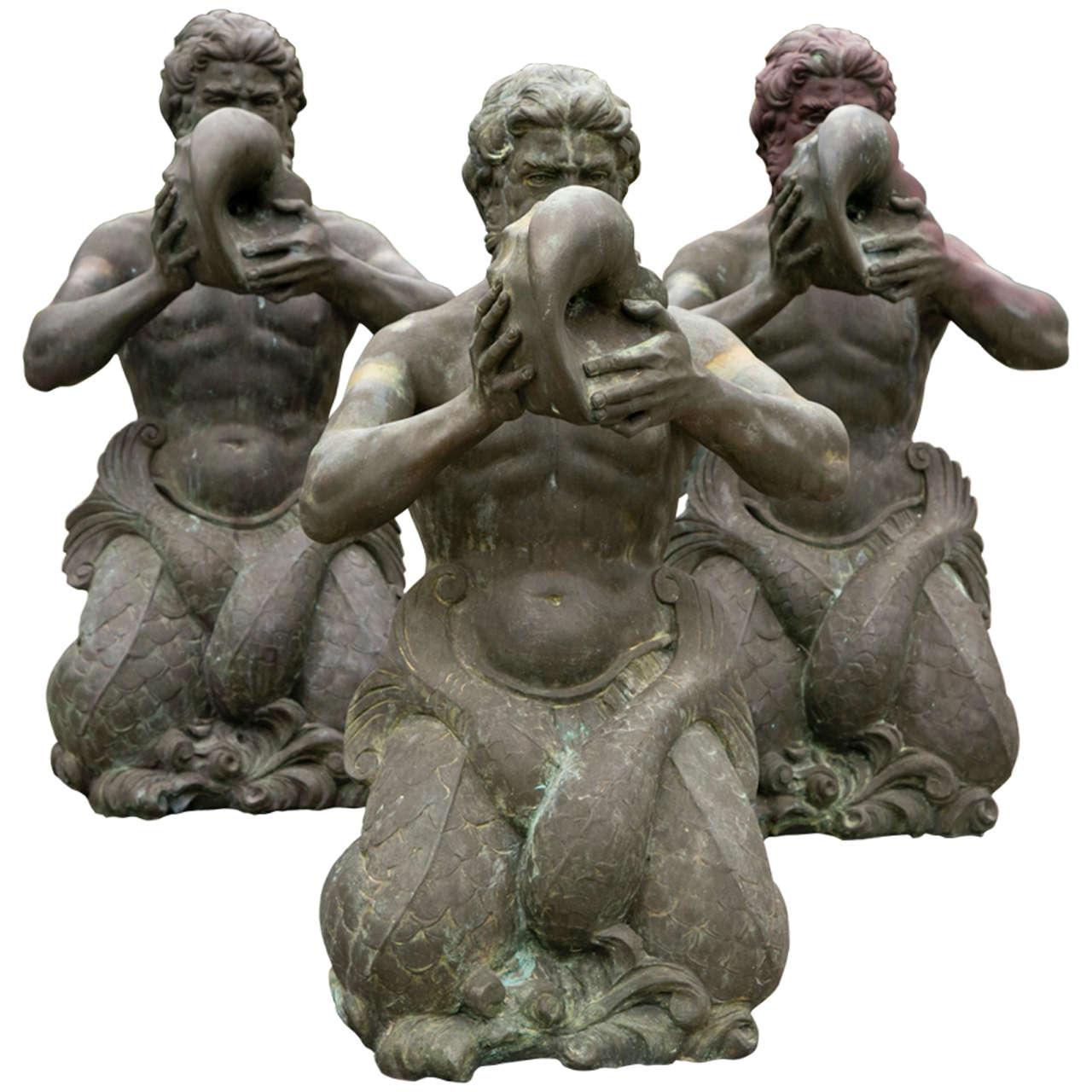 Three Antique Bronze Fountain Kneeling Mermen Art Sculptures