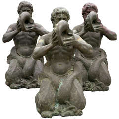 Three Antique Bronze Fountain Kneeling Mermen Art Sculptures