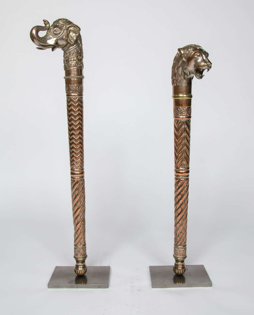 Rare and unusual pair of silver plate on copper gondoliers sceptres - India circa 1880 Mounted on modern steel supports 
smallest 60cm high largest 67cm high