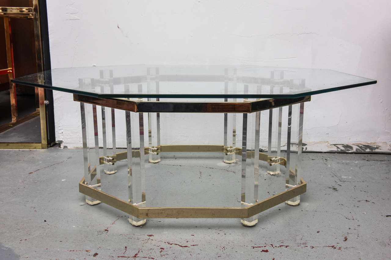 Wonderful octagonal coffee table in brass, lucite and glass by Charles Hollis Jones.  1960s USA
