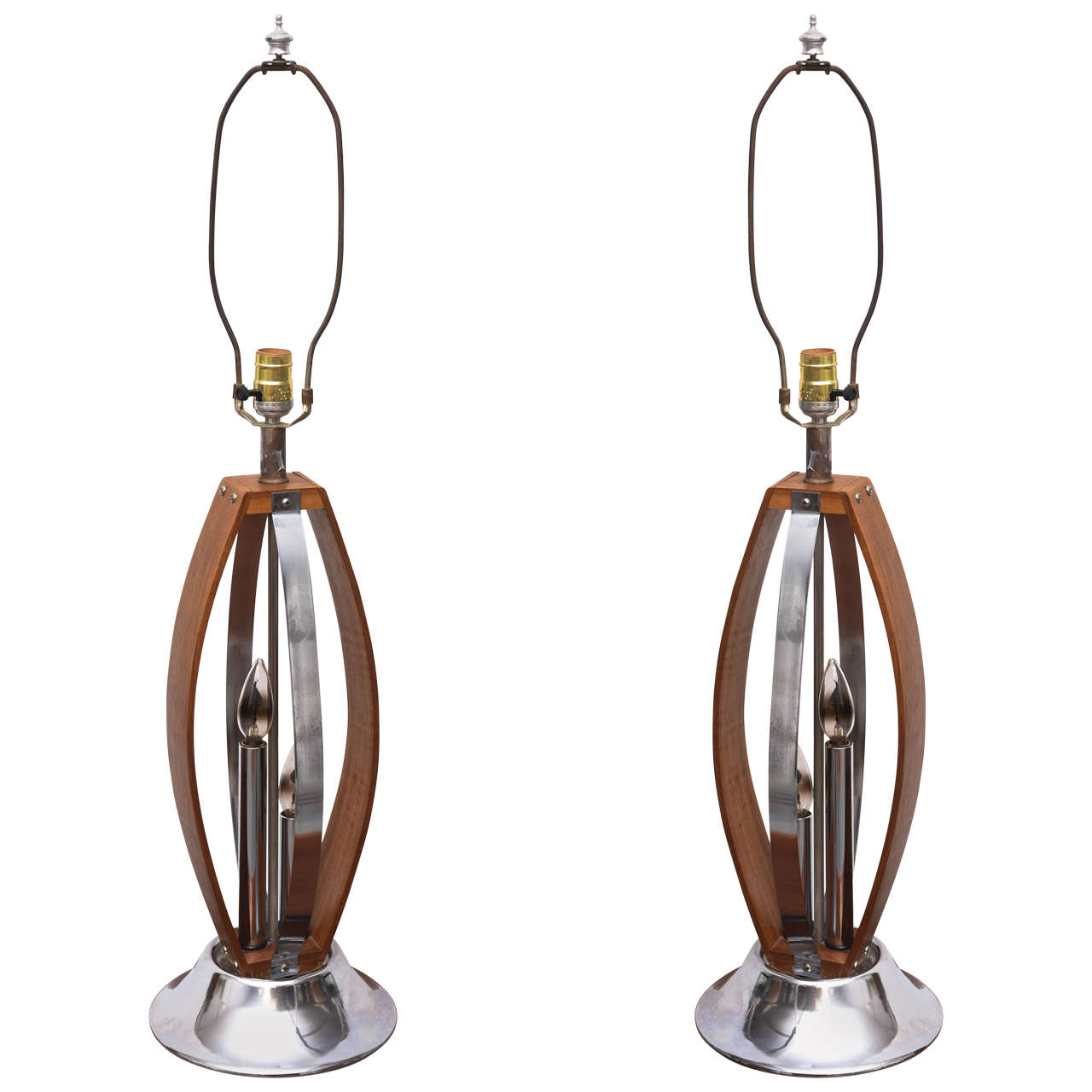 Gorgeous MCM Wood and Chrome Tables Lamps from Denmark, 1959 For Sale