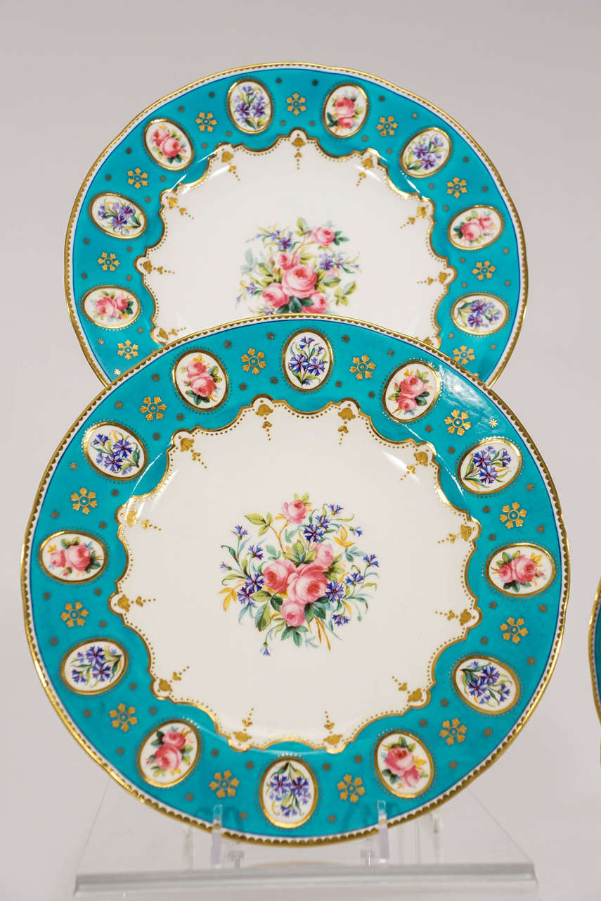 English 19th c. Minton Hand Painted Turquoise Dessert Service With Botanical Reserves