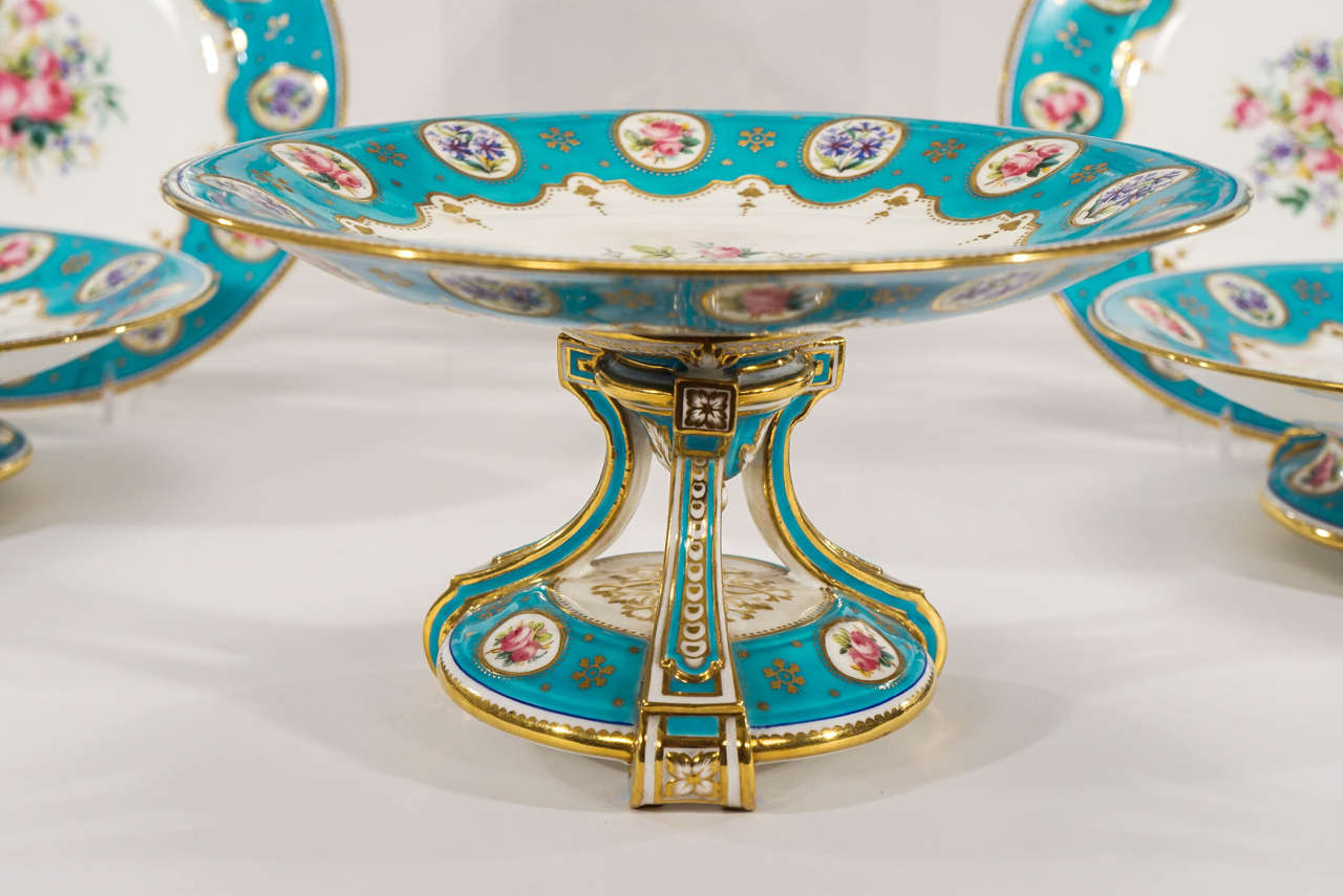19th c. Minton Hand Painted Turquoise Dessert Service With Botanical Reserves In Excellent Condition In Great Barrington, MA