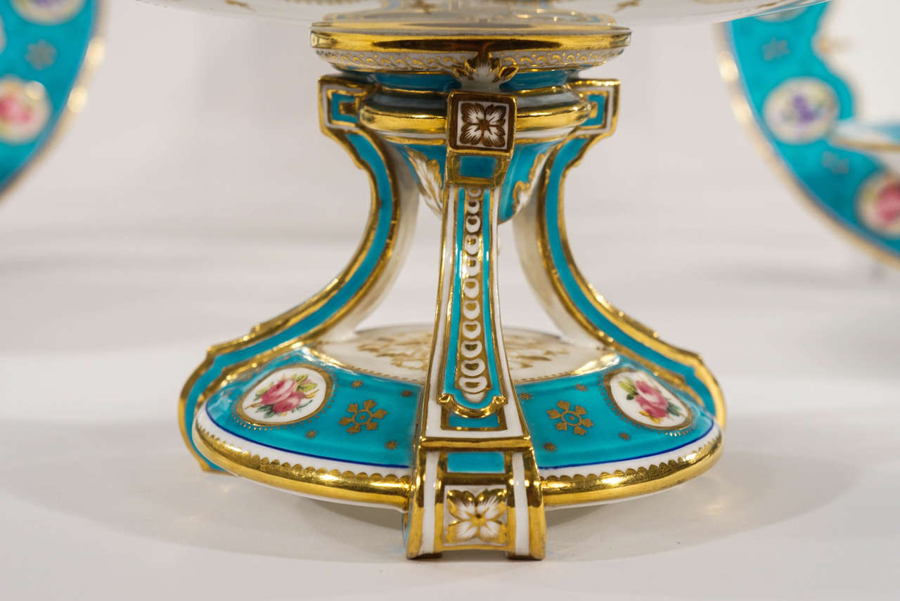 Early 20th Century 19th c. Minton Hand Painted Turquoise Dessert Service With Botanical Reserves