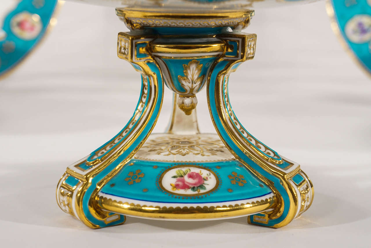 Porcelain 19th c. Minton Hand Painted Turquoise Dessert Service With Botanical Reserves