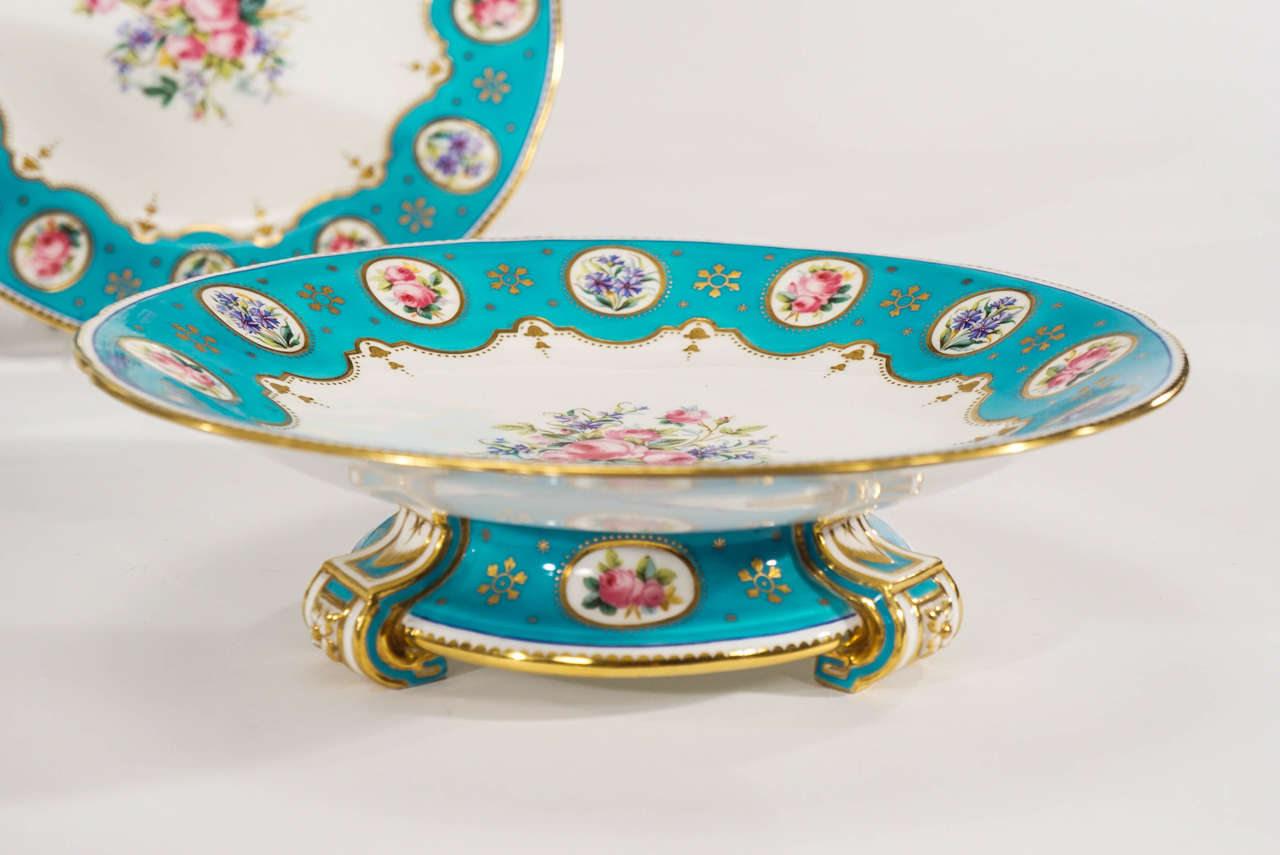 19th c. Minton Hand Painted Turquoise Dessert Service With Botanical Reserves 1