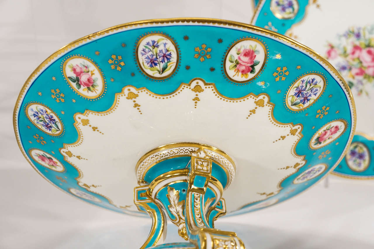 19th c. Minton Hand Painted Turquoise Dessert Service With Botanical Reserves 2