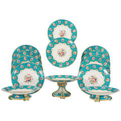 19th c. Minton Hand Painted Turquoise Dessert Service With Botanical Reserves
