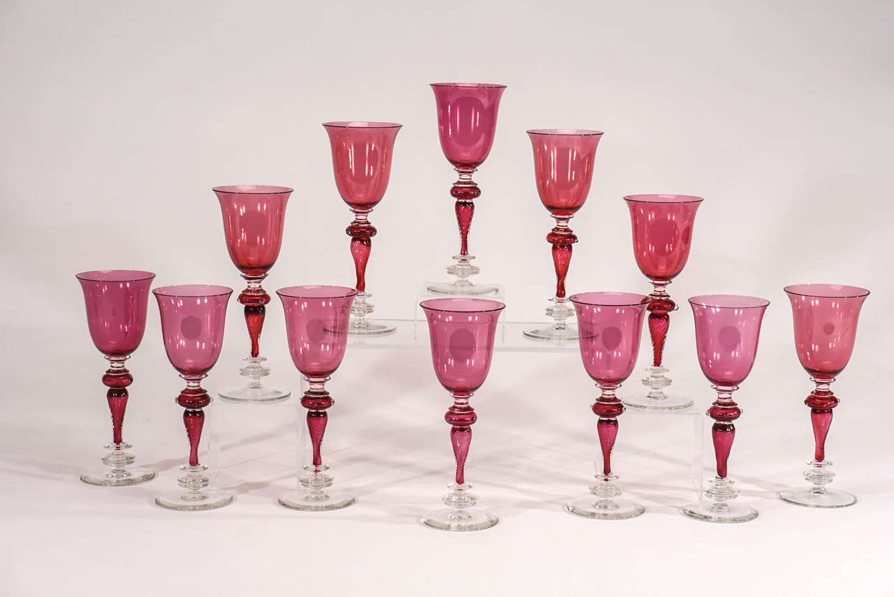 Set of 12 Venetian Handblown Tall Cranberry Water Goblets
