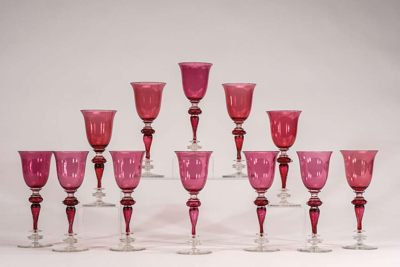 Italian Set of 12 Venetian Handblown Tall Cranberry Water Goblets