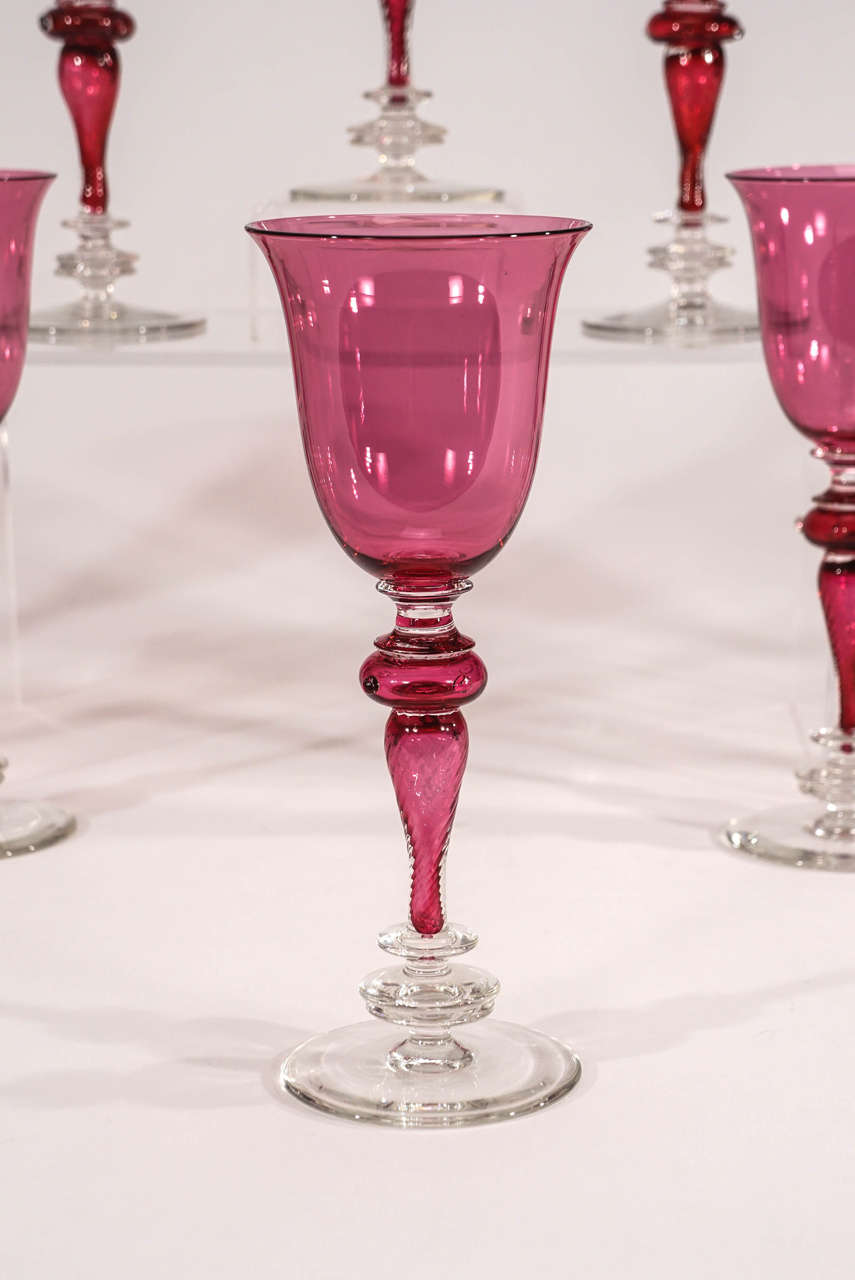 Set of 12 Venetian Handblown Tall Cranberry Water Goblets In Excellent Condition In Great Barrington, MA