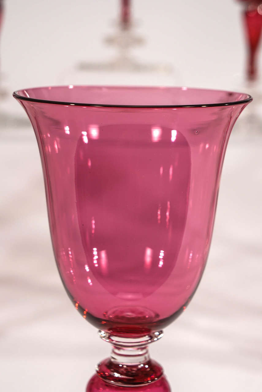 20th Century Set of 12 Venetian Handblown Tall Cranberry Water Goblets
