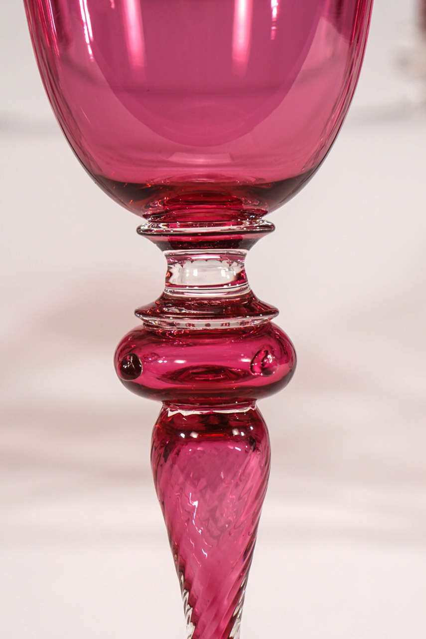 Crystal Set of 12 Venetian Handblown Tall Cranberry Water Goblets