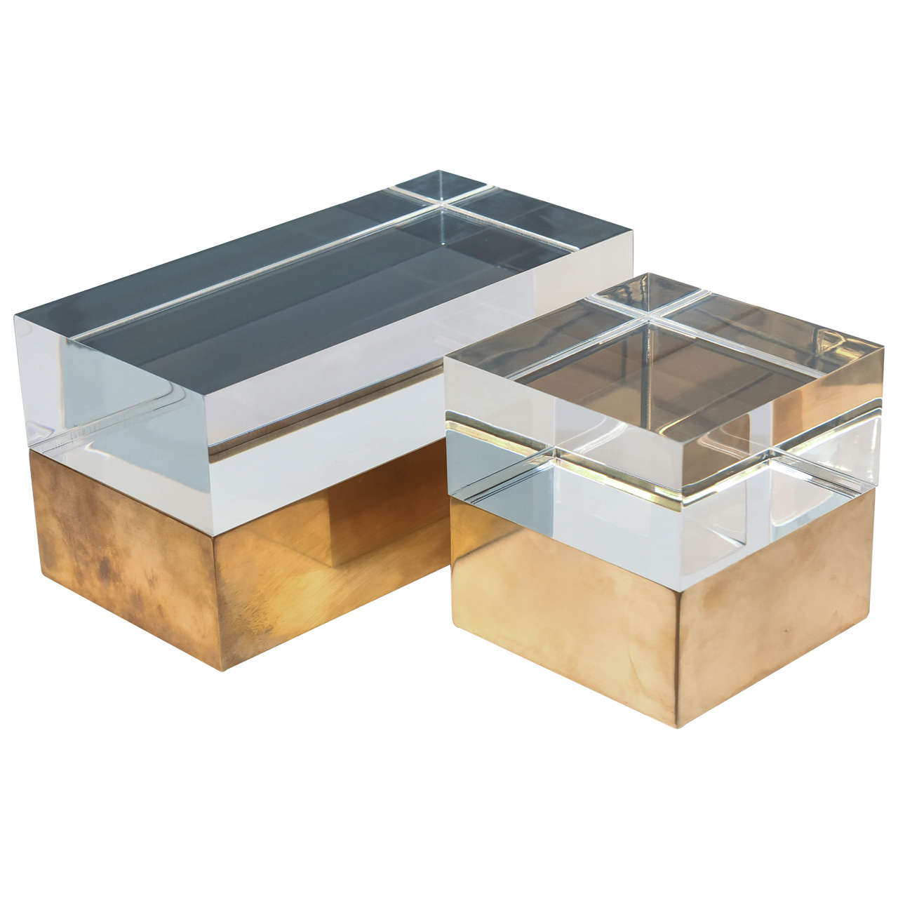 Mies Acrylic Boxes in Vintage Brass For Sale