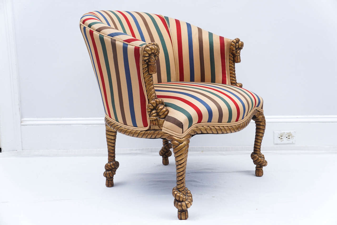 Midcentury Golden Rope Chair with Matching Ottoman In Excellent Condition For Sale In Canaan, CT