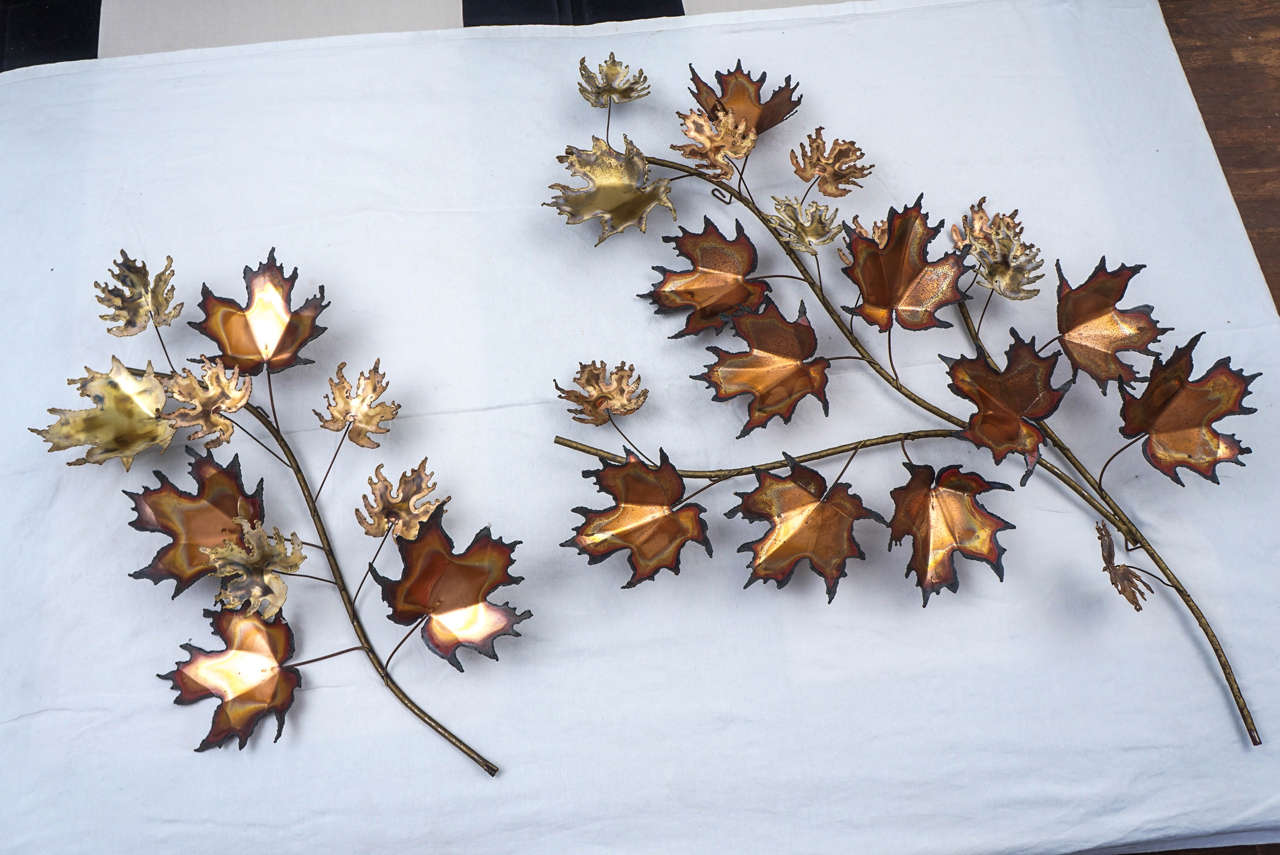 C Jere mixed metal torch cut maple leaves.
great mid century accent pieces for your walls.
they are in excellent condition.
more branches are available if  you need.