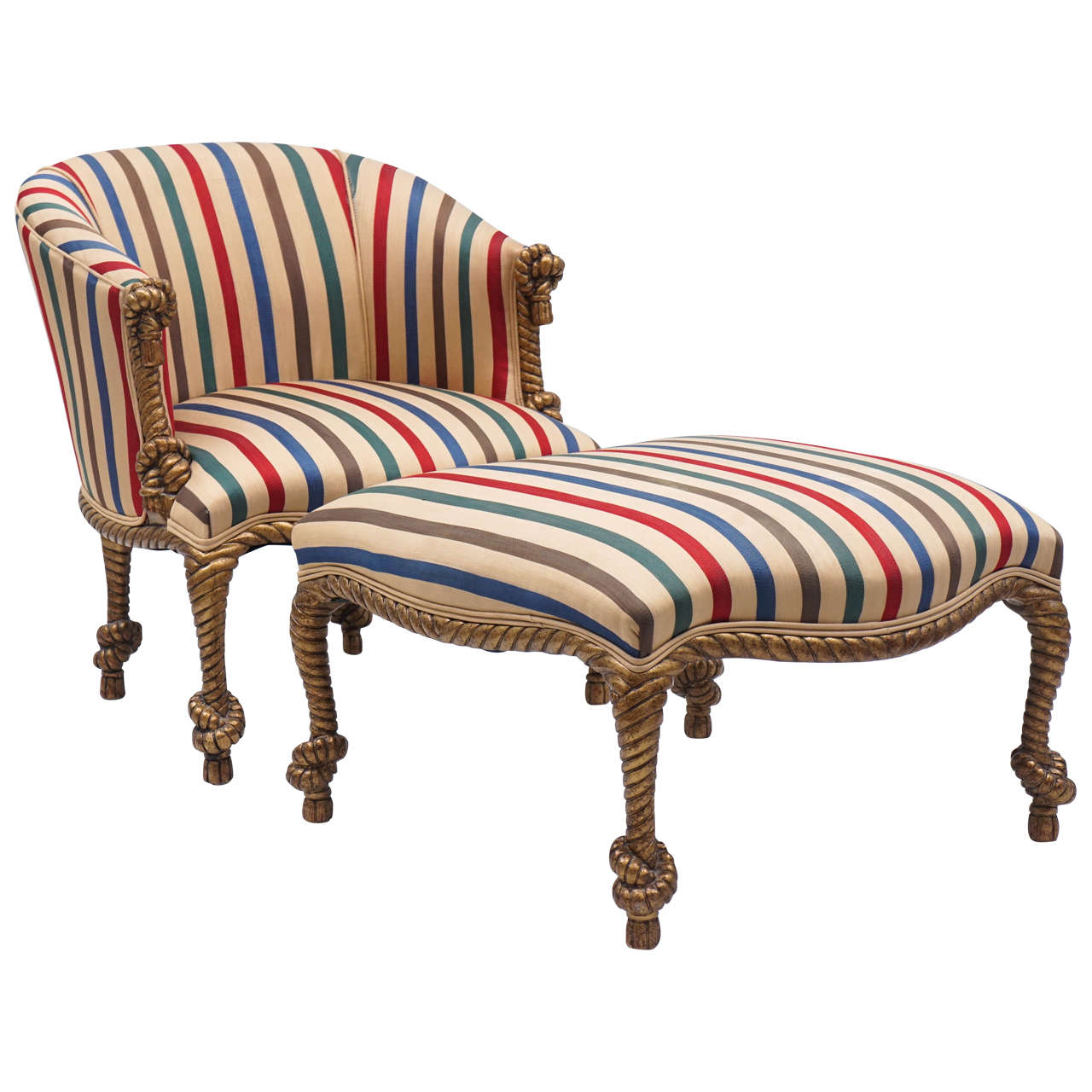 Midcentury Golden Rope Chair with Matching Ottoman For Sale at 1stDibs