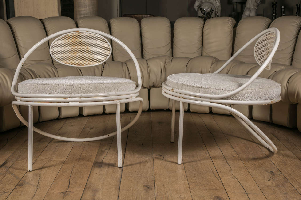 French Pair of White Copacabana Lounge Chairs by Mathieu Matégot, First Edition