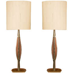 Table Lamps Attributed to Laurel In Brass and Teak Inserts Silk Shades