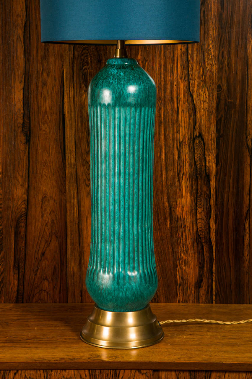 Italian Tall Table Lamp in Turquoise Glazed Ceramic by Marcello Fantoni, Italy 1950 For Sale