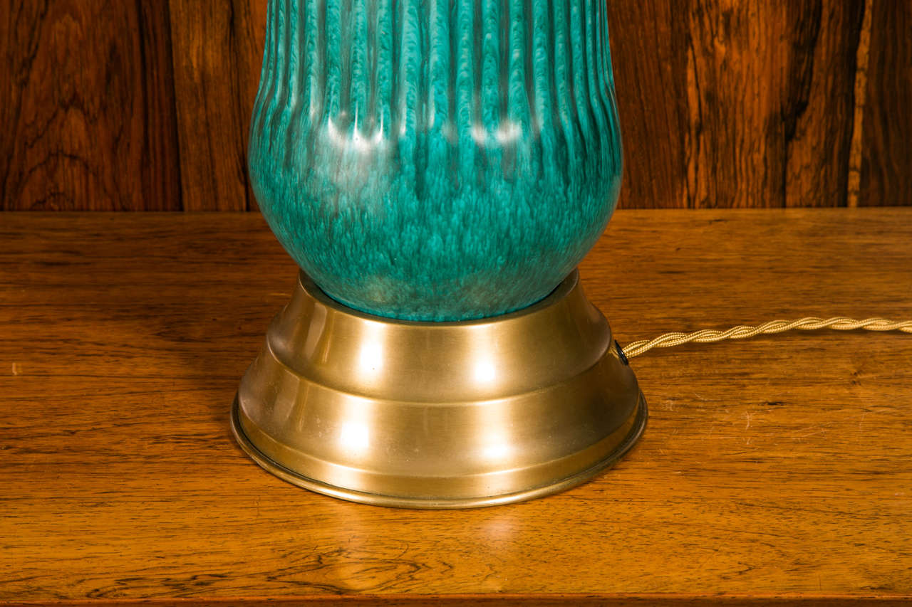 Mid-20th Century Tall Table Lamp in Turquoise Glazed Ceramic by Marcello Fantoni, Italy 1950 For Sale