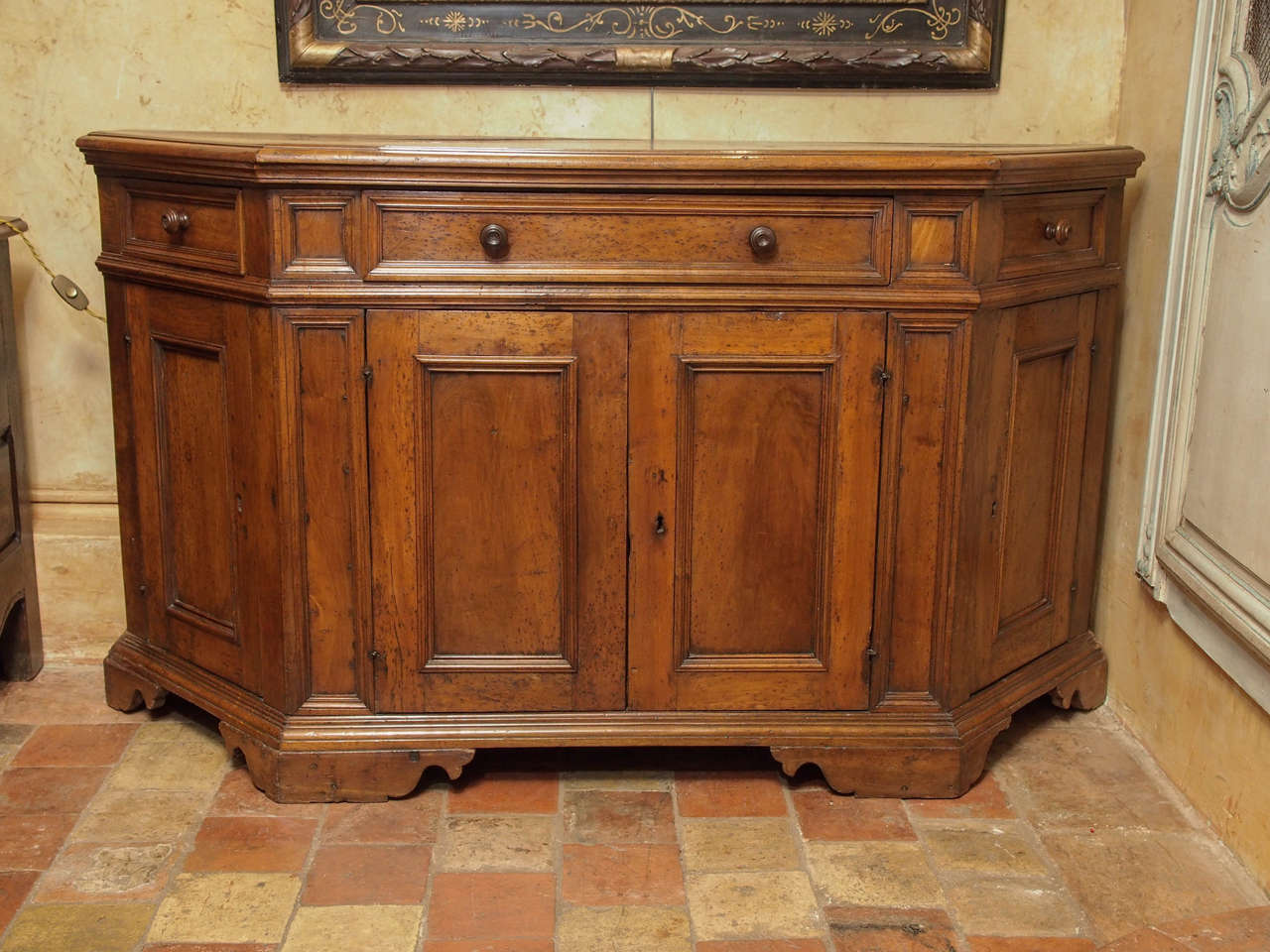 18th century Italian walnut enfilade with three drawers from Naples, circa 1780.
