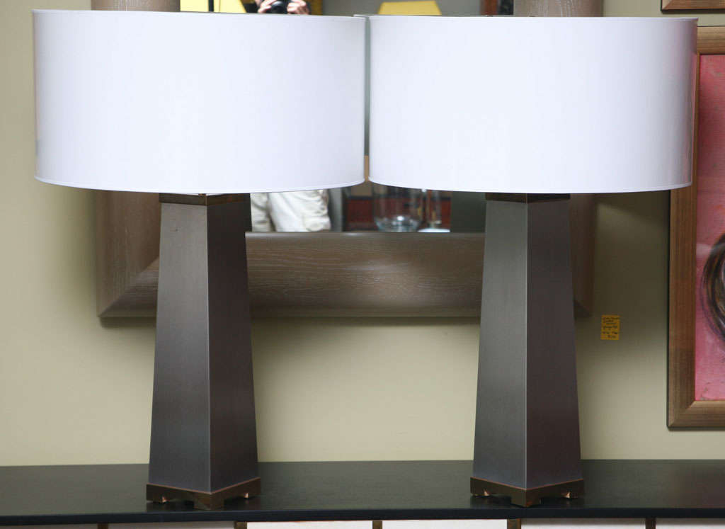 Large Metaled Obelisk Form Lamps by Sally Sirkin Lewis