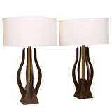 Monumental Organic Shaped Walnut and Brass Table Lamps