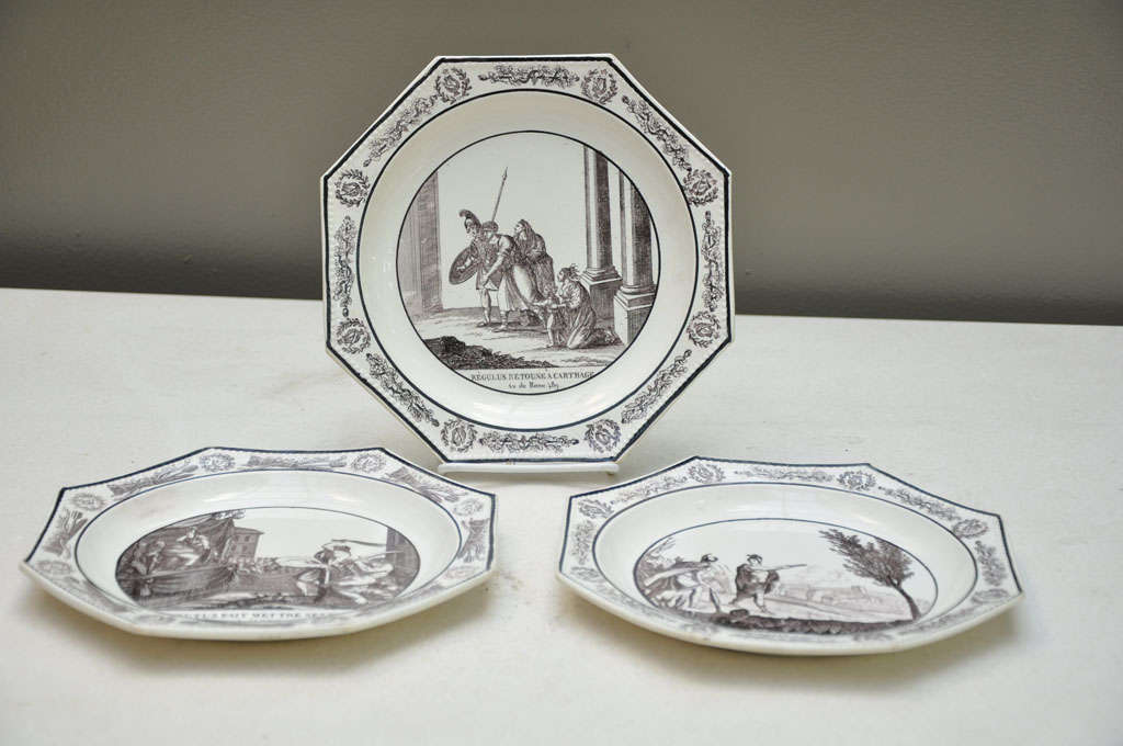 Early 19th Century French Creil Plates, Octagonal Shape with Classical Scenes and Borders, set of 3