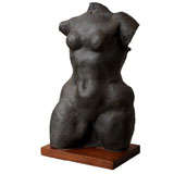 Vintage Hand Hammered Lead Female Torso Sculpture on Walnut Base