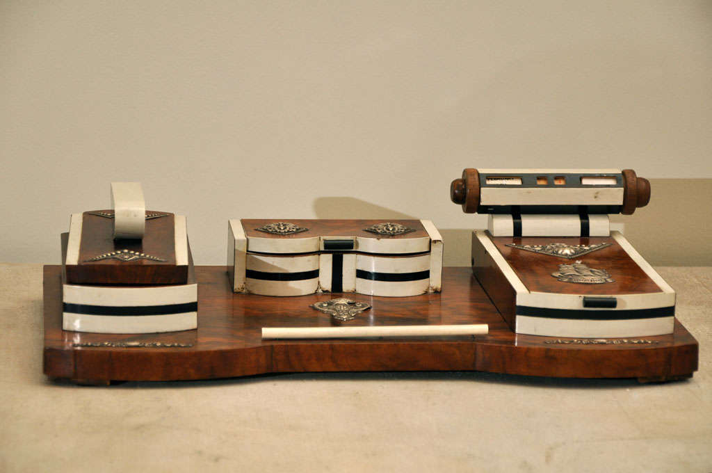 20th Century Art Deco Burled Wood Desk Set
