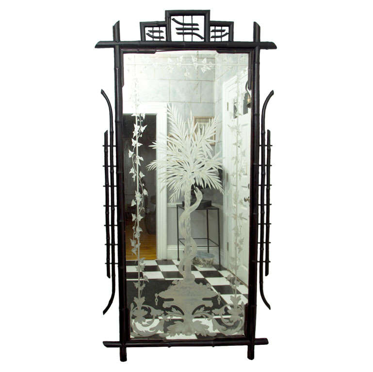 Full Length French Napoleon III Ebonized Bamboo Etched and Silvered Mirror