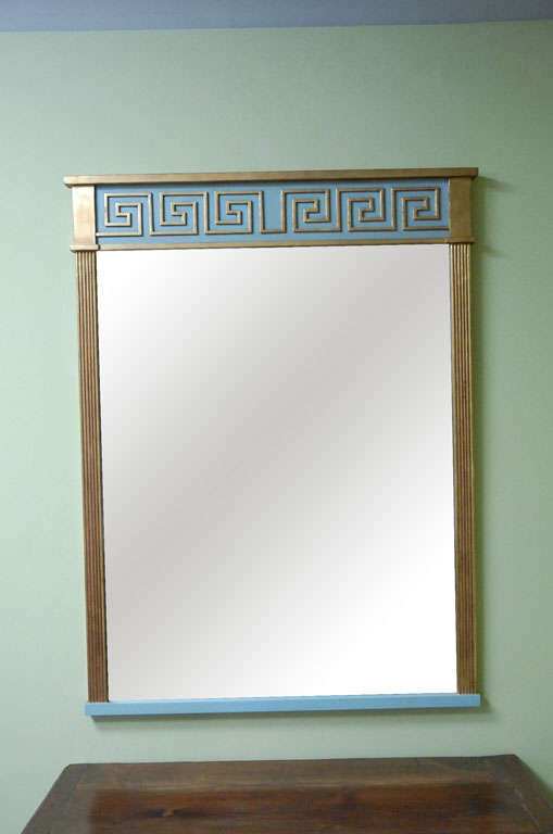 Hollyhock's Greek Key Mirror <br />
with Reeded Detail, finished in gold leaf and Farrow and Ball Dix Blue.  Mirror glazing is very light antique.