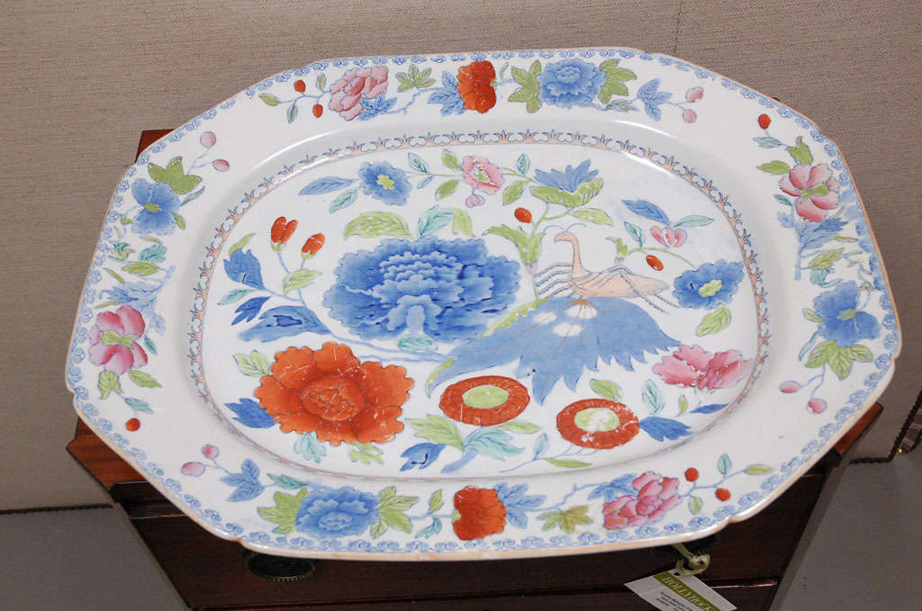 A Large English Ironstone Platter with exuberant floral decoration and a Praying Mantis, c. 1820