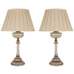 A Pair of English Cut Crystal Oil Lamp bases, converted to lamps
