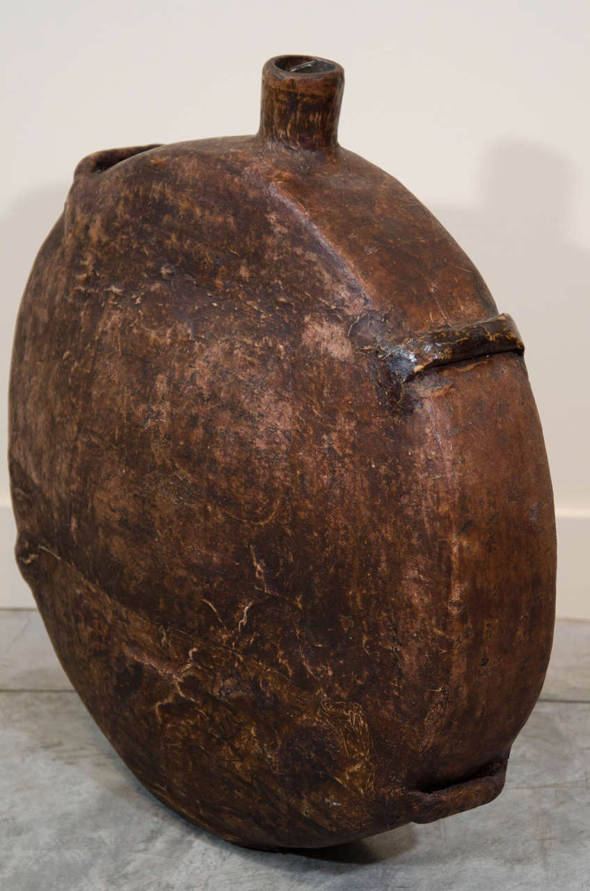 20th Century Large Antique Parchment Leather Chinese Food  Oil Canteen