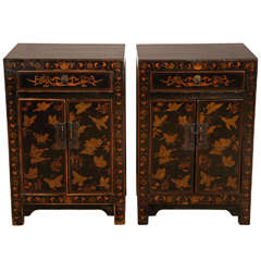 Pair of Black-Lacquered Chinese Decorated Cabinets