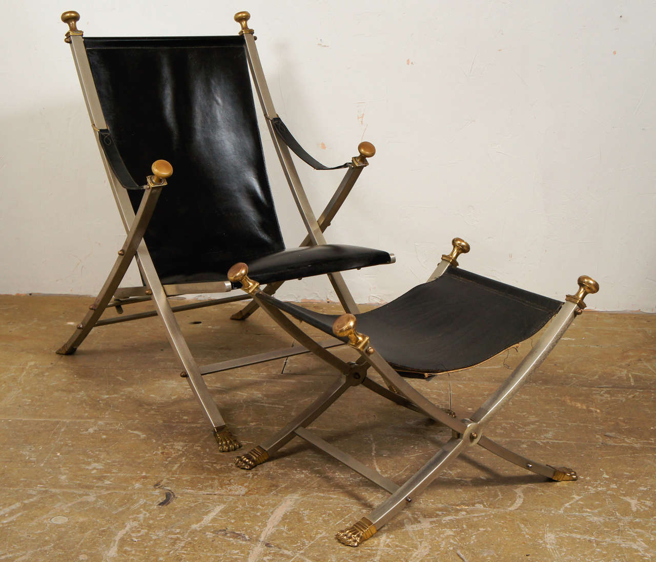 Contemporary solid steel and brass frame chair and sling stool with black leather (cushioned for chair) 