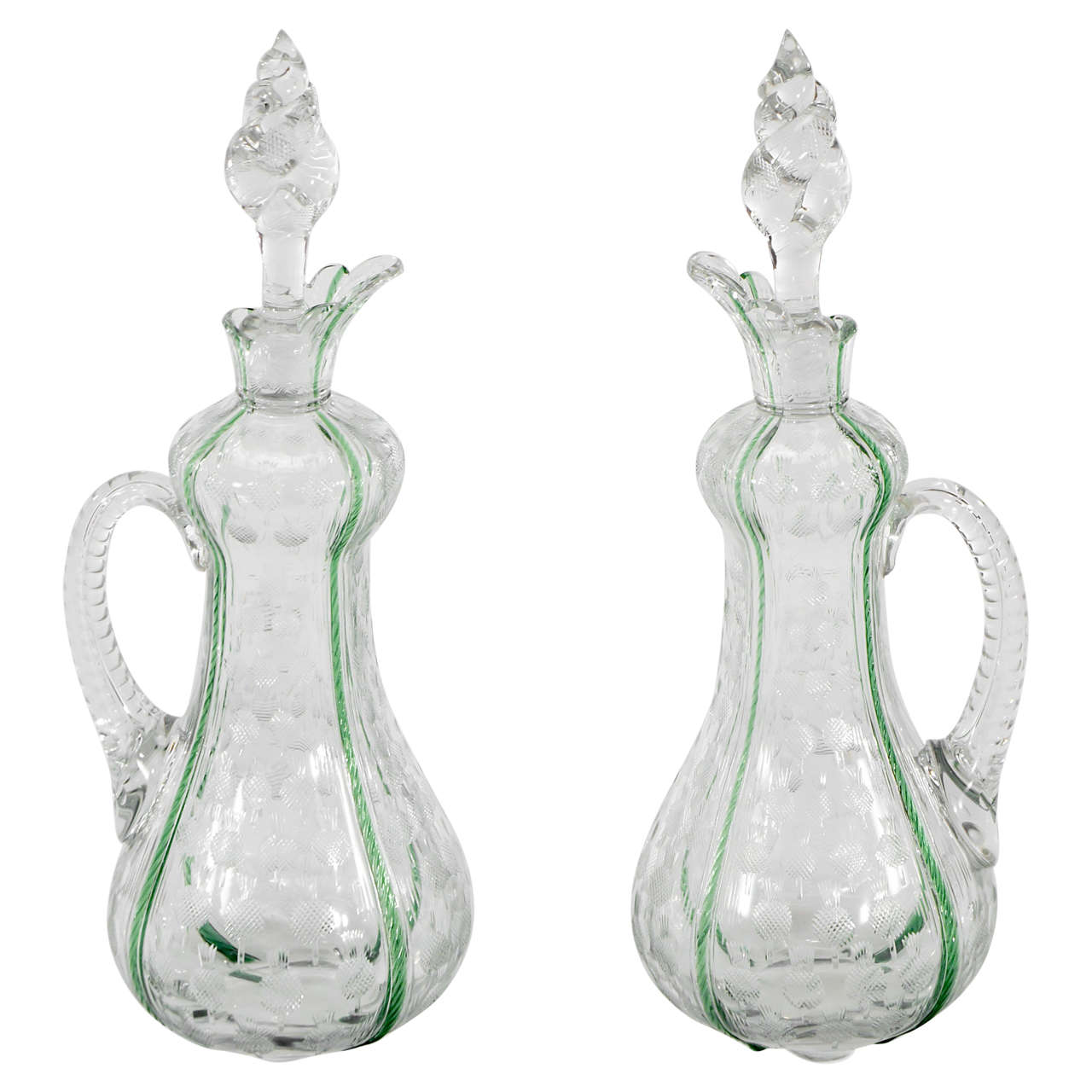 Stevens & Williams Pair of Crystal Decanters w/ Engraving & Applied Handles